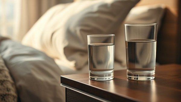 Glass of water on nightstand in cozy bedroom, drinking water before bed.