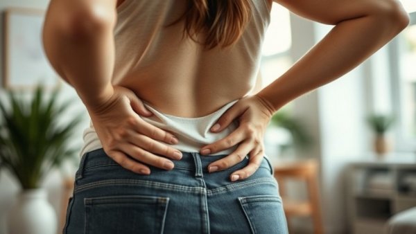 Woman holding her lower back in discomfort, focusing on differences in kidney pain vs back pain.