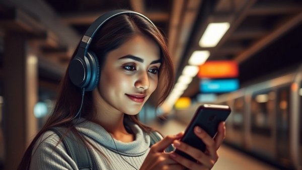 Young woman checking phone in subway station, focused expression.