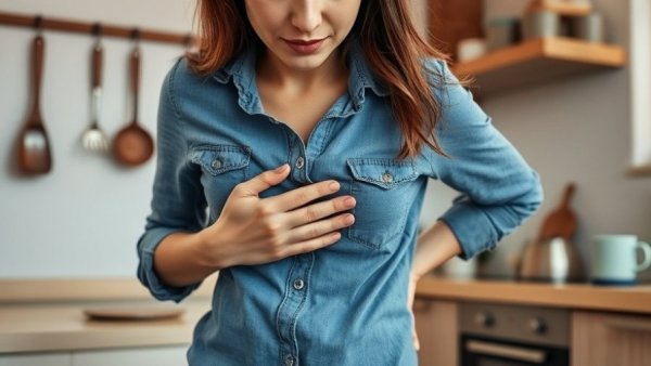 Woman in kitchen expressing signs of appendicitis pain.