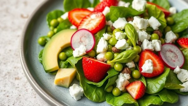 Fresh salad with spinach, avocado, edamame, strawberries, and feta.