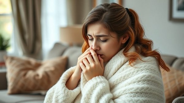 Signs of Pneumonia Symptoms: Woman wrapped in blanket, appearing unwell.