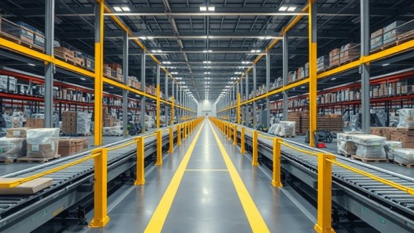 GLP-1 weight management pill Foundayo - industrial warehouse with conveyor belts.