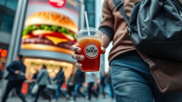 Person holding soda cup walks by hamburger ad, highlighting ultraprocessed foods.