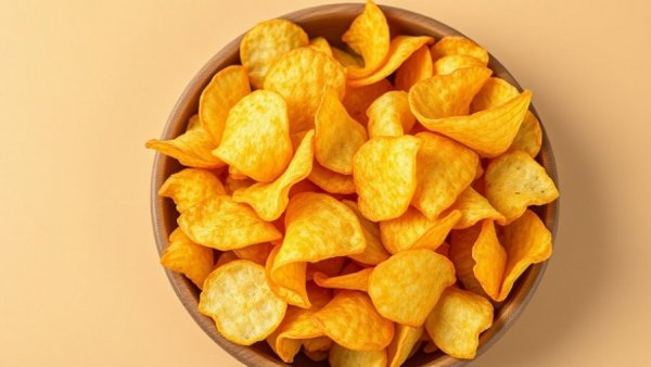 Golden crispy potato chips in a wooden bowl on beige background, highlighting ultraprocessed foods.