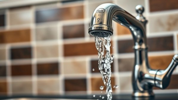 Metallic kitchen faucet with running water against tiled backdrop.