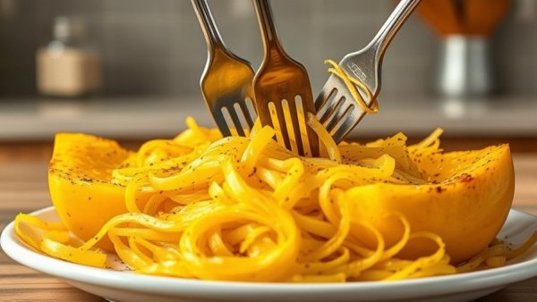 Roasted spaghetti squash being fluffed with forks on a countertop, highlighting low impact on blood sugar.