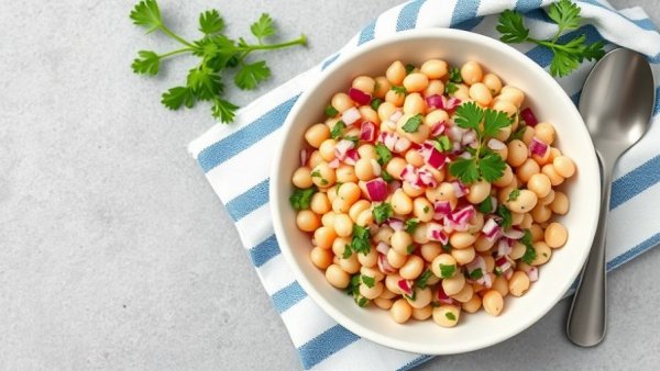 Affordable high-protein foods: Bean salad with red onion and parsley.