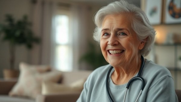 Nurse checking heart health of elderly woman with stethoscope.