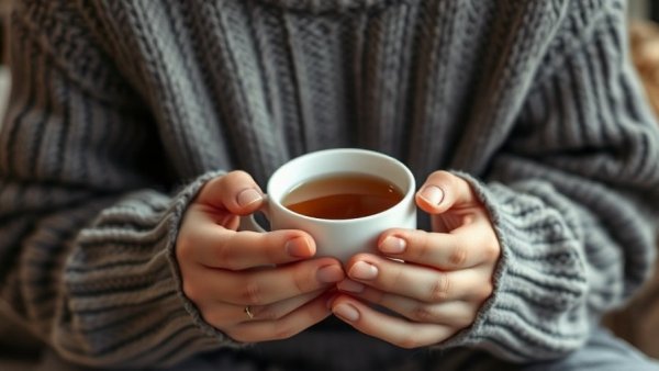 Cozy remedy for sore throat: Herbal tea in a warm setting.