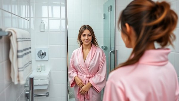 Woman in pink robe examining herself in bathroom, At-Home Cervical Cancer Screening Kit concept.