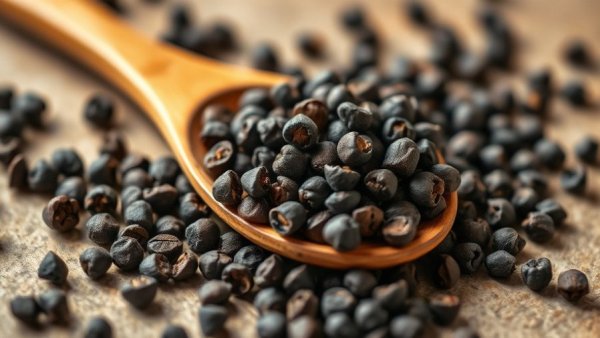Close-up of black peppercorns on spoon for nutrient absorption.