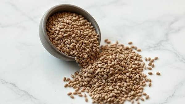 Chia seeds overflowing from a bowl on marble.
