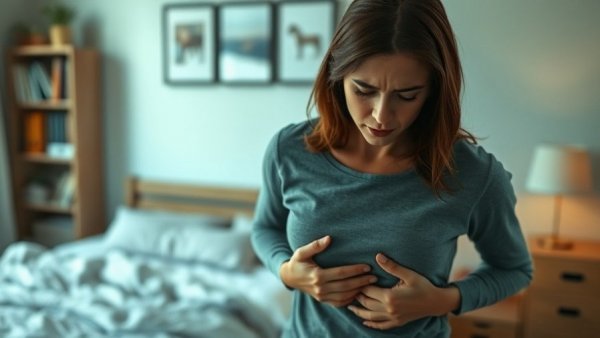 Young woman showing common norovirus symptoms in a dimly lit bedroom.