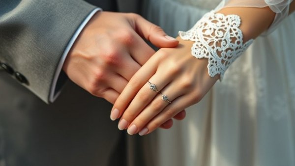 Close-up of hands with wedding rings, symbolizing marriage connection.