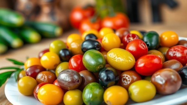 Assorted olives on plate, best foods for heart health in a kitchen setting.
