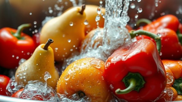 Vibrant produce washed to remove pesticides, highlighting food safety.