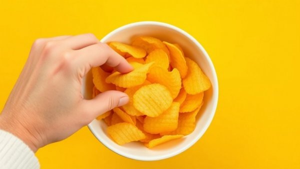 Ultra-Processed Foods and Health Risks: Hand reaching for potato chips in a bowl on yellow background.