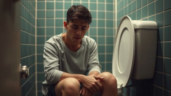 Person expressing discomfort in a bathroom setting, related to home remedies for UTI symptoms.