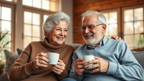 Elderly couple sharing a moment with coffee, couples healthy bacteria sharing concept.