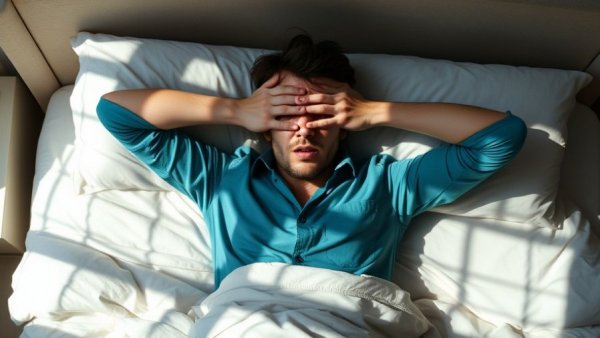 A person in bed with arms over eyes, sunlight patterns, insomnia stress.