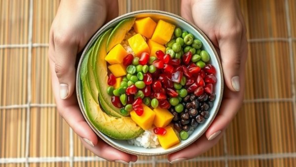 Vibrant poke bowl with avocado and mango for heart health.