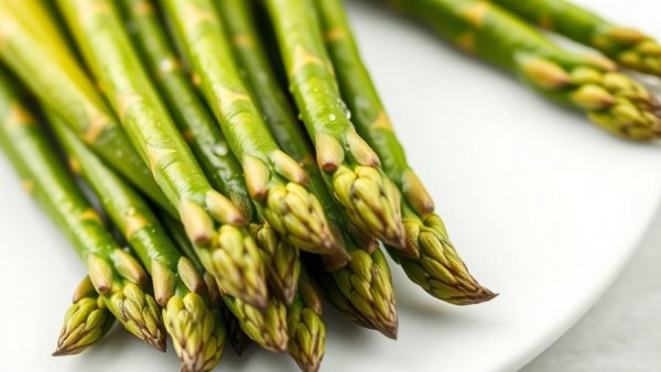 Fresh asparagus spears on plate, enhancing gut health benefits.