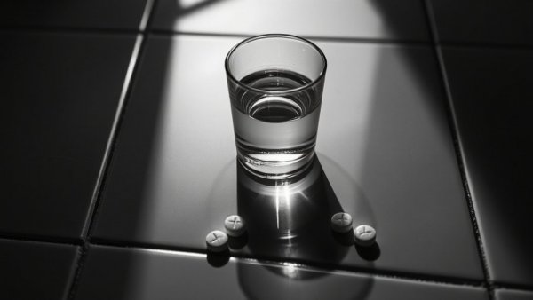 Aspirin tablets with glass of water on tiled surface, monochrome.