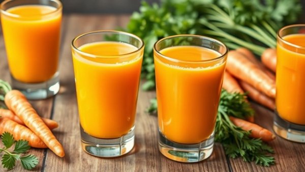 Refreshing anti-inflammatory juices with carrots on a wooden table.