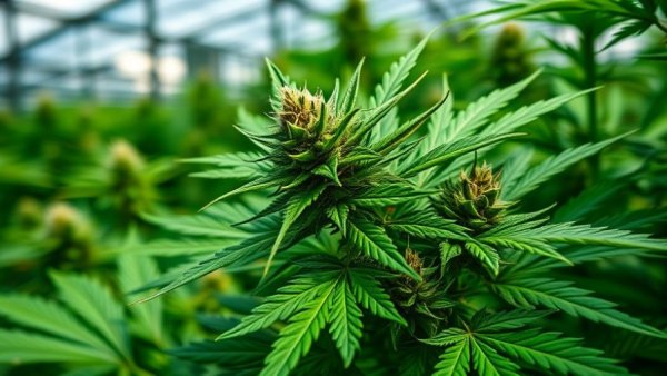 Close-up of cannabis plant highlighting leaves and buds.