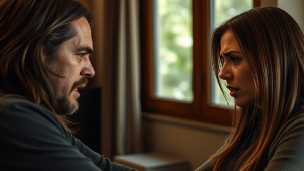 Intense indoor confrontation scene showing signs of gaslighting.