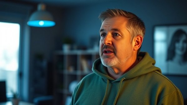 Middle-aged fitness trainer in green hoodie speaking indoors.