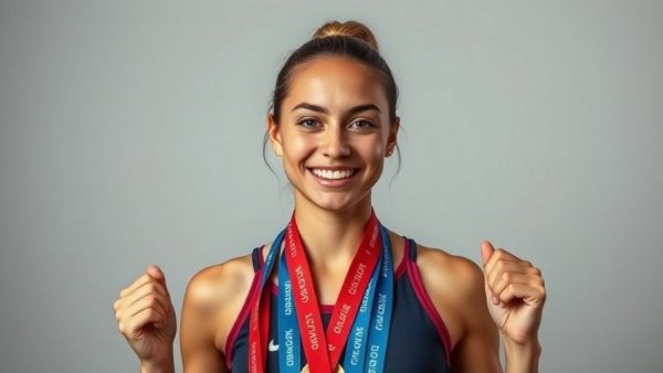 Female athlete displaying medals, advocating paid sick leave.
