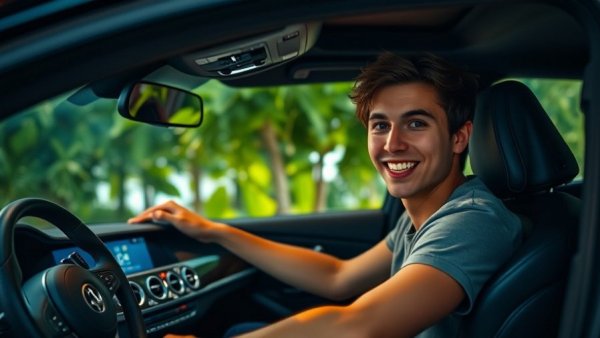 Young person in a car with a confident smile, thinking of a dentist near me.