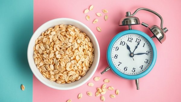 Colorful oats and clock arrangement on pink and turquoise backdrop.