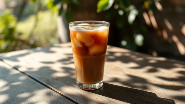 Iced coffee on table with shadows, highlighting coffee and gut microbiome.