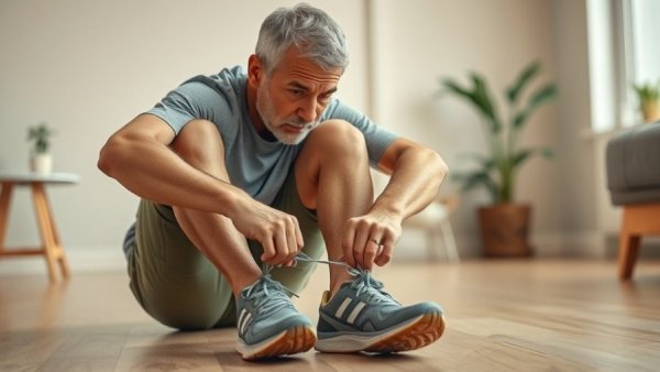 Middle-aged person tying shoelaces, fitness preparation, Your Fitness Level After 40.