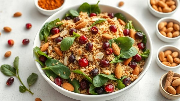 Millet salad with cranberries and almonds, showcasing ways to add fiber.