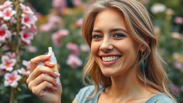 Freckled woman with nasal spray in garden for COVID risk reduction.