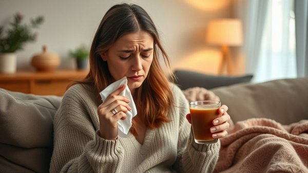 Woman experiencing cold flu COVID-19 symptoms on couch.