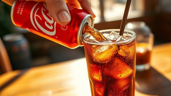 Hand pouring cola from can into glass with ice, sunlight