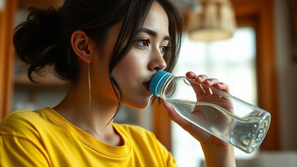 Woman drinking water indoors, bright yellow shirt, natural lighting.