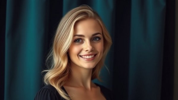 Blonde woman smiling softly in front of draped dark curtain.