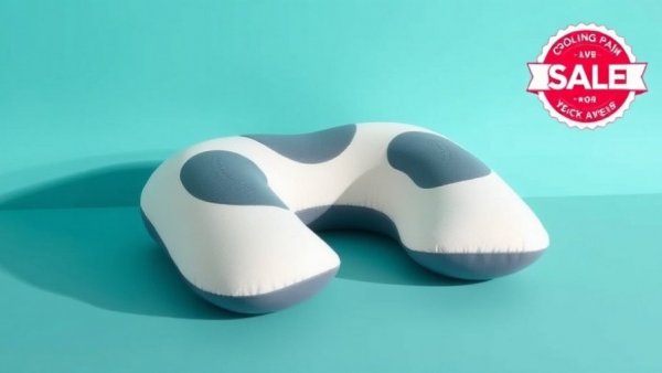 Modern cooling pillow for neck pain relief on turquoise background with sale badge.