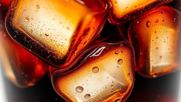 Glass of dark-colored soda with ice, highlighting condensation.