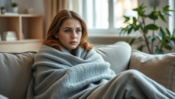 Woman with chest congestion sitting on couch wrapped in blanket