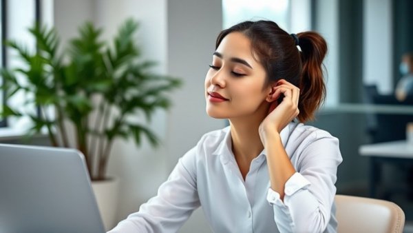 Woman safely unclogging ear next to laptop in office