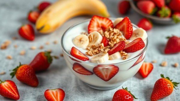 Best foods for heart health: yogurt, strawberries, and banana granola.