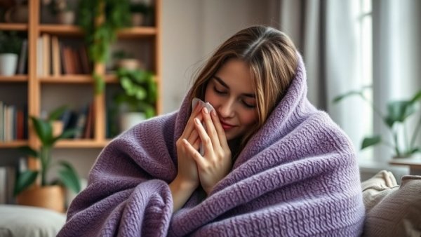 Woman with flu wrapped in blanket on couch, Recover from the Flu Faster