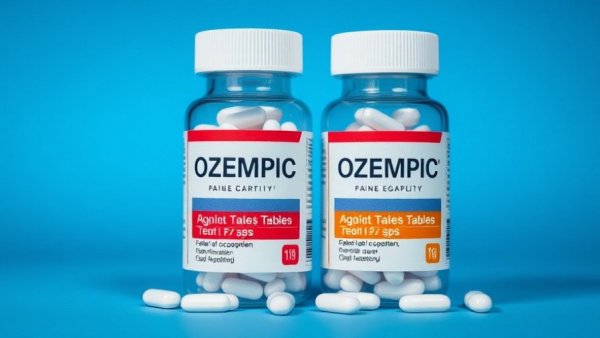 Ozempic pill containers for Type 2 Diabetes treatment on blue background.